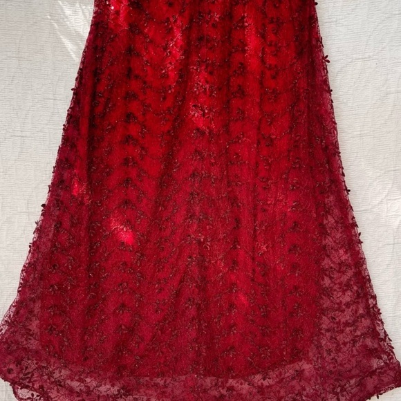 Vintage Beaded Red Gown Maxi Rhinestone Belted Dress 50 Whimsicore - Picture 10 of 14